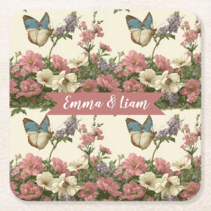 Vintage Spring Butterfly Floral Garden for Couple Square Paper Coaster