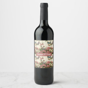Vintage Spring Butterfly Floral Garden for Couple Wine Label