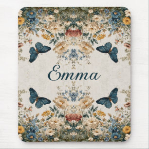 Vintage Spring Butterfly Floral Garden Mouse Pad