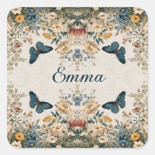 Vintage Spring Butterfly Floral Garden Square Sticker
