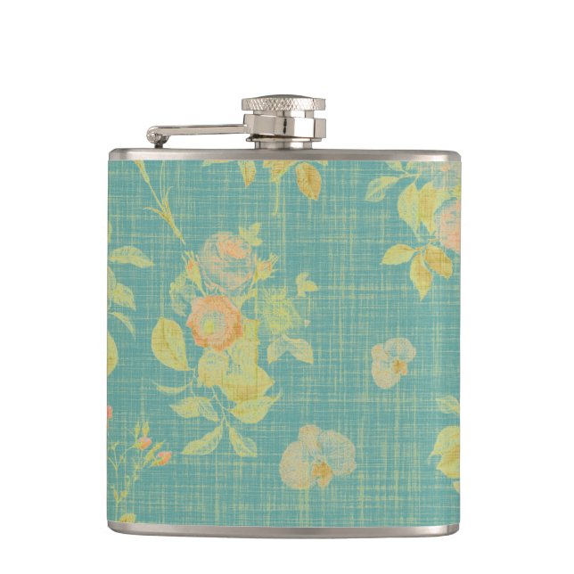 Vintage Spring Floral Teal Pattern Hip Flask (Front)