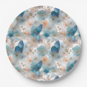 Vintage Spring Flowers & Blue Butterfly Paper Plate