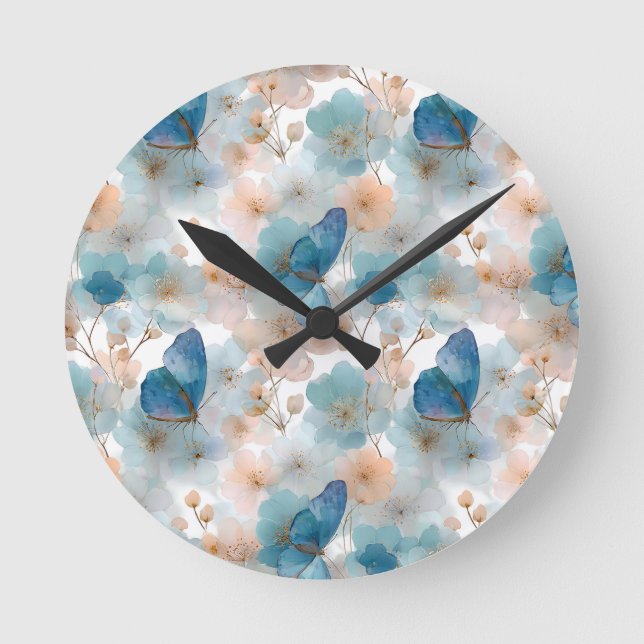 Vintage Spring Flowers & Blue Butterfly Round Clock (Front)