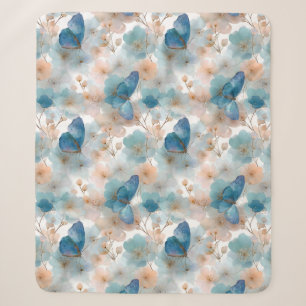 Vintage Spring Flowers & Blue Butterfly Sherpa Blanket
