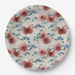 Vintage Spring Flowers & Pink Butterflies Paper Plate