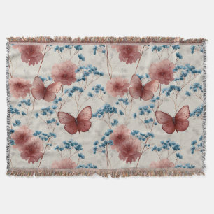 Vintage Spring Flowers & Pink Butterflies Throw Blanket