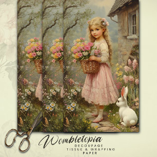 Vintage Spring Garden Girl with Flowers & Bunny Tissue Paper