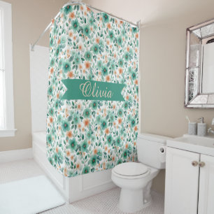 Vintage Spring Green Floral Personalised Shower Curtain
