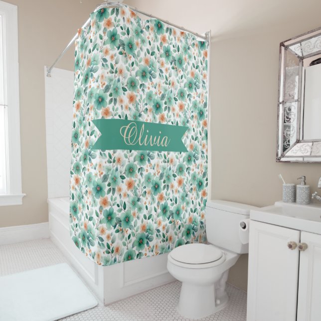 Vintage Spring Green Floral Personalised Shower Curtain (In Situ)