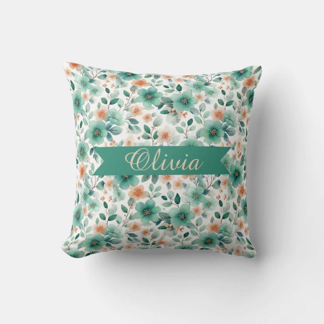 Vintage Spring Green Floral Personalized Cushion (Front)