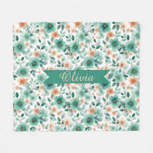 Vintage Spring Green Floral Personalized Fleece Blanket