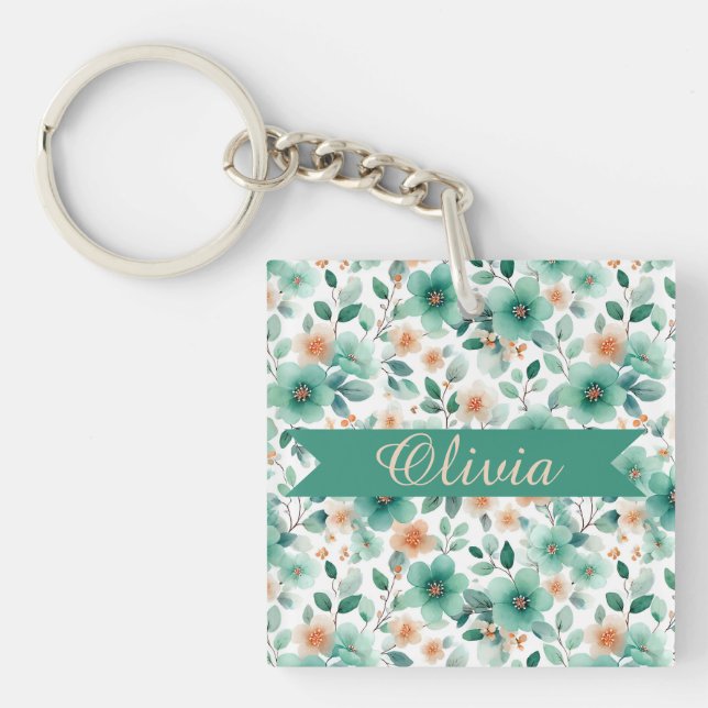 Vintage Spring Green Floral Personalized Key Ring (Front)