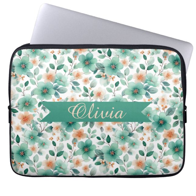 Vintage Spring Green Floral Personalized Laptop Sleeve (Front)