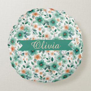 Vintage Spring Green Floral Personalized Round Cushion