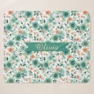 Vintage Spring Green Floral Personalized Sherpa Blanket