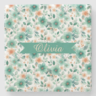 Vintage Spring Green Floral Personalized Stone Coaster