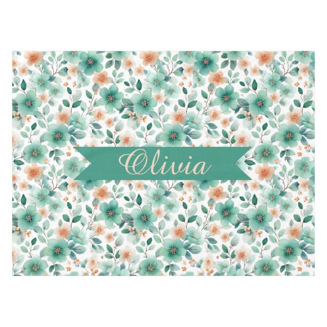 Vintage Spring Green Floral Personalized Tablecloth (Front (Horizontal))
