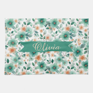 Vintage Spring Green Floral Personalized Tea Towel