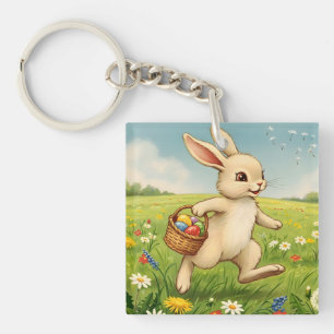 Vintage Spring Meadow Easter Bunny  Key Ring