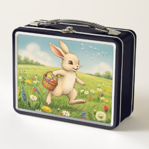 Vintage Spring Meadow Easter Bunny Metal Lunch Box