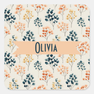 Vintage Spring Orange and Green Botanical Name Square Sticker