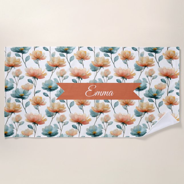 Vintage Spring Orange Flowers Personalized Beach Towel (Front)