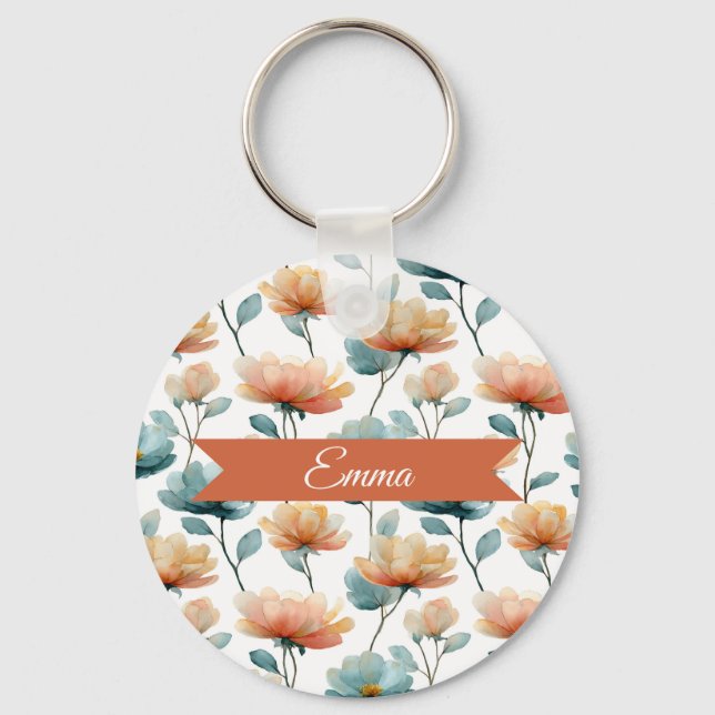 Vintage Spring Orange Flowers Personalized Key Ring (Front)