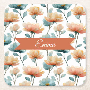 Vintage Spring Orange Flowers Personalized Square Paper Coaster
