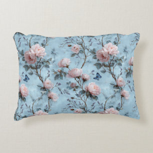 Vintage Spring Peonies on Blue Decorative Cushion