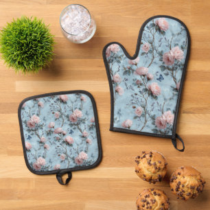 Vintage Spring Peonies on Blue Oven Mitt & Pot Holder Set