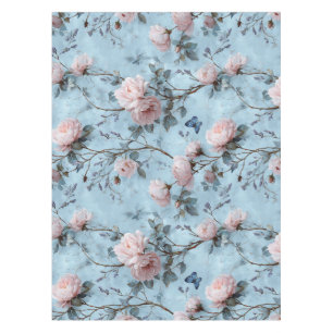 Vintage Spring Peonies on Blue Tablecloth