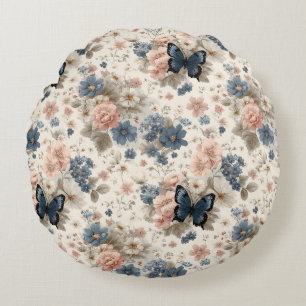Vintage Spring Pink and Blue Florals & Butterfly Round Cushion