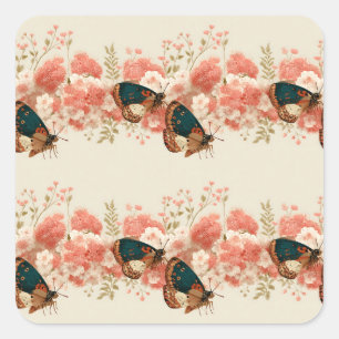 Vintage Spring Pink Flowers with Butterflies Square Sticker