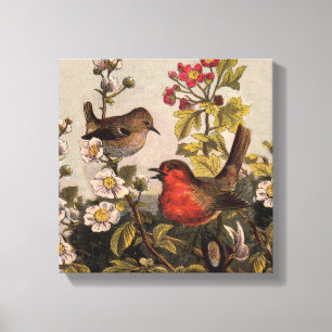 Vintage Spring Robin Songbirds Botanical Floral Canvas Print