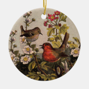 Vintage Spring Robin Songbirds Botanical Floral Ceramic Tree Decoration