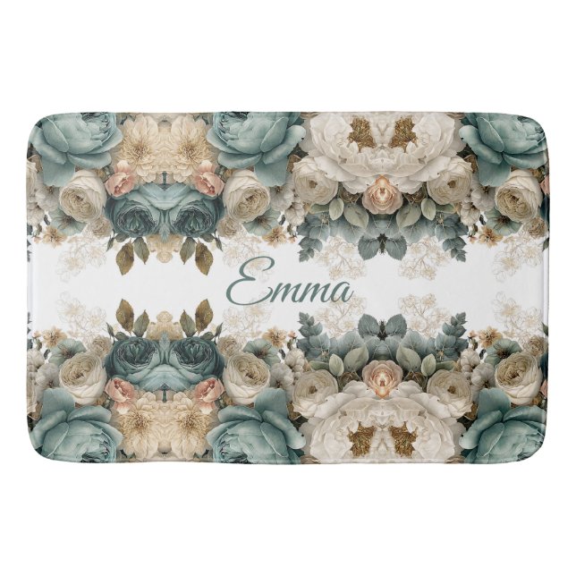 Vintage Spring Rose Garden Personalized Bath Mat (Front)