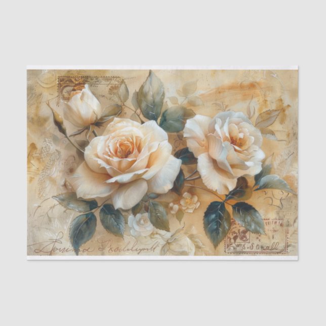 Vintage Spring Roses Postcard Decoupage Print Tissue Paper (Front)