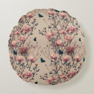 Vintage Spring Roses with Blue Butterflies Round Cushion
