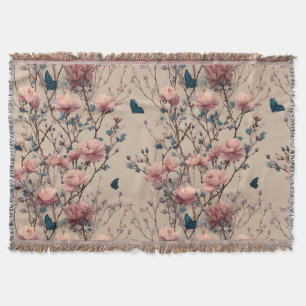 Vintage Spring Roses with Blue Butterflies Throw Blanket