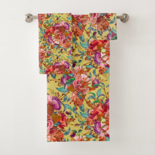 Vintage Spring Watercolor Fuchsia Blooms Bath Towel Set