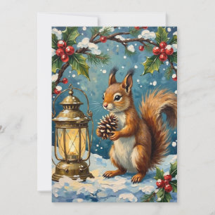 Vintage Squirrel with Christmas Lantern Winter Holiday Card