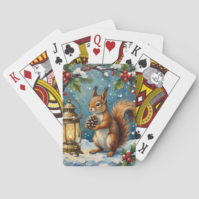 Vintage Squirrel with Christmas Lantern Winter Playing Cards (Back)