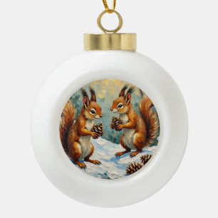 Vintage Squirrels Gathering Pinecones Christmas Ceramic Ball Christmas Ornament