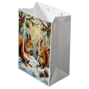 Vintage Squirrels Gathering Pinecones Christmas Medium Gift Bag