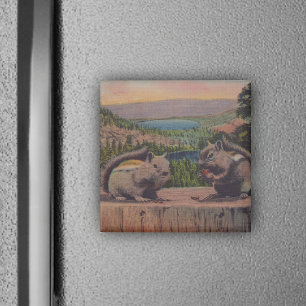 Vintage Squirrels Mountain Scene Magnet