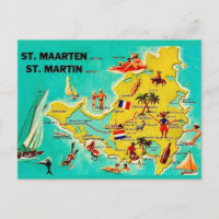 Vintage St Martin Island Map Postcard