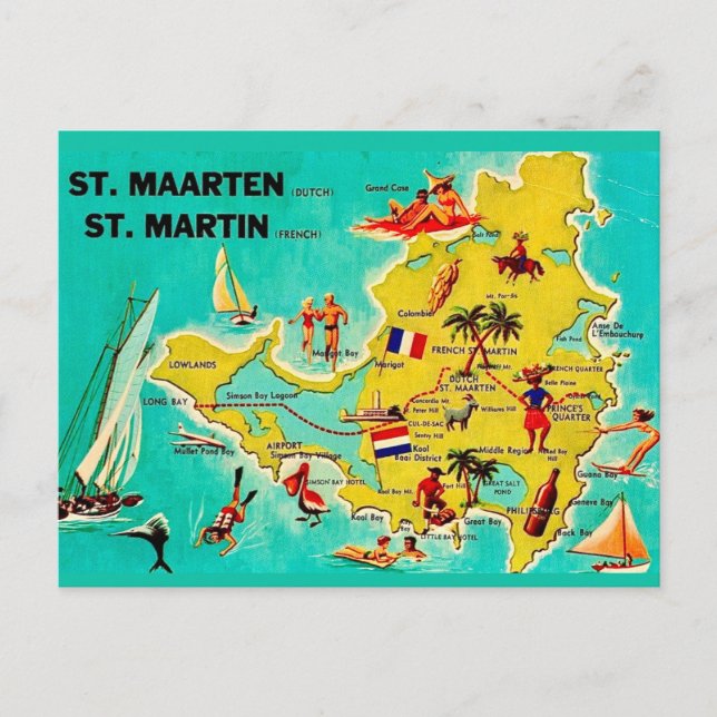 Vintage St Martin Island Map Postcard (Front)