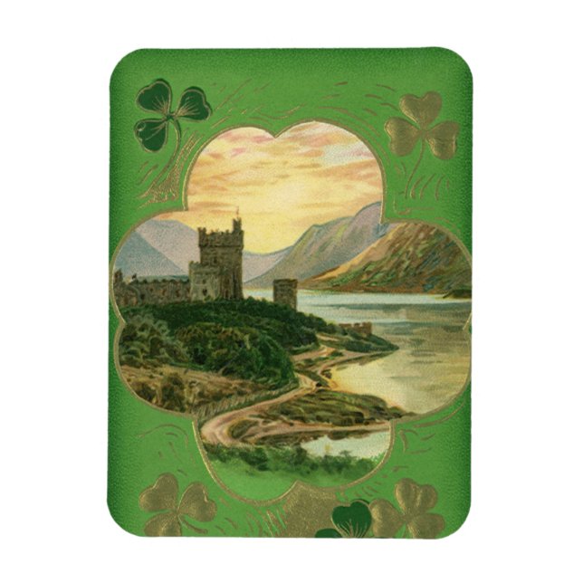 Vintage St. Patricks Day Greetings Castle Shamrock Magnet (Vertical)