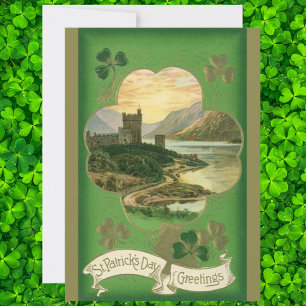 Vintage St. Patricks Day Greetings Shamrock Castle Card