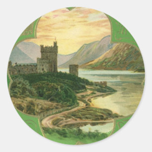 Vintage St. Patricks Day Greetings Shamrock Castle Classic Round Sticker